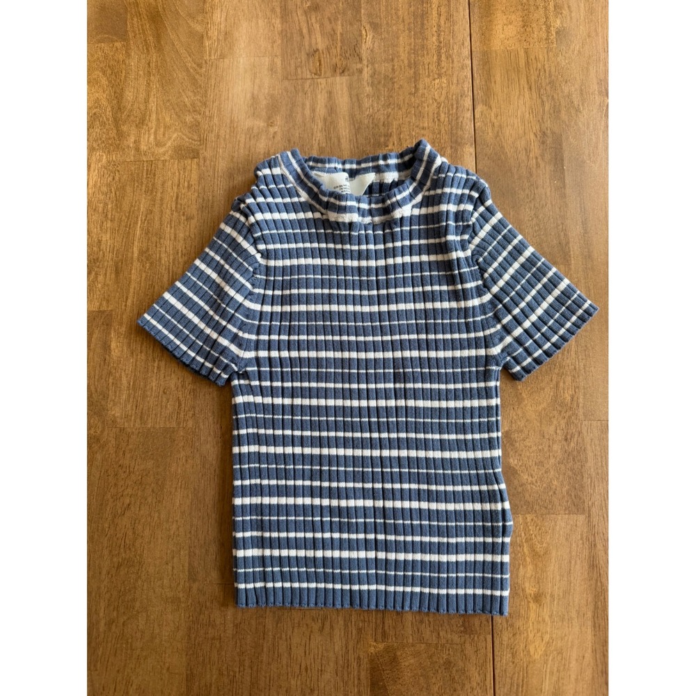 HM Girls Blue White Striped Ribbed Knit Short Sleeve Top Size 8-10Y